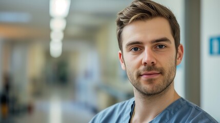 Obraz premium A male nurse stands in a hospital corridor, looking confidently at the camera, representing healthcare dedication and expertise.
