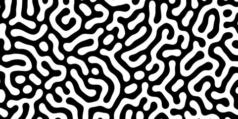 Abstract Turing organic wallpaper with background. Turing reaction diffusion monochrome seamless pattern with chaotic motion. Natural seamless line pattern. Linear design with biological shapes.