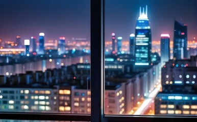from the window of the room there is a view of the night metropolis