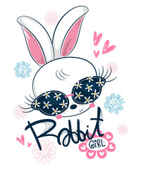 Beautiful rabbit girl cartoon wearing flowers sunglasses on sunny day isolated on white background illustration vector.