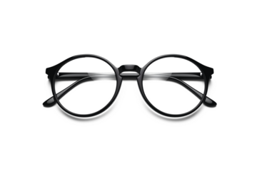 Black round glasses with clear lenses on a transparent background, showcasing a classic and stylish design.
