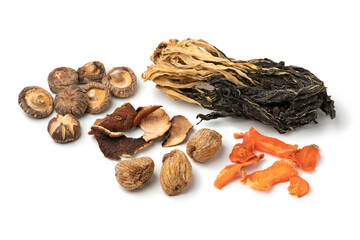 Ingredients for a Chinese vegetable soup close up isolated on white background