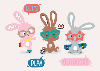 Outdoor Activities with rabbit playing roller skates, soccer, skateboard on isolated background illustration vector.