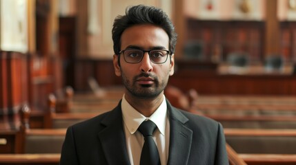 Fototapeta premium A man wearing a suit and glasses stands in a courtroom, representing the seriousness and dedication of the legal profession.
