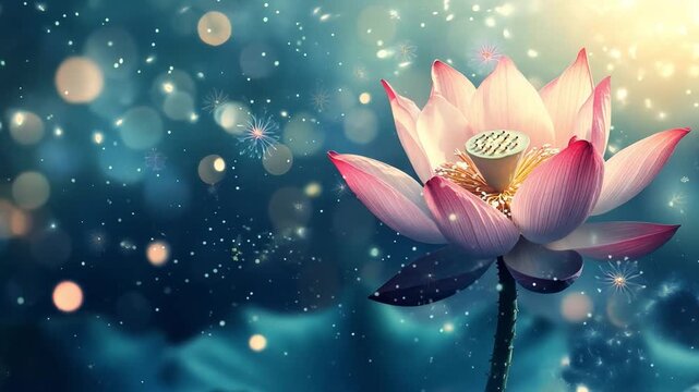 A graceful lotus flower stands tall against a dreamy background filled with soft, glowing lights and tranquil water ripples.