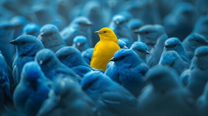 Vibrant Yellow Bird Amidst Blue Flock: Symbol of Individuality