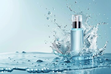 Advertizing cosmetics products with a water splash design on a blue backdrop, Generative AI.