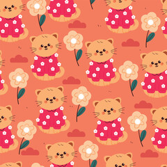 seamless pattern cartoon cat and flower. cute animal wallpaper for fabric print, gift wrap paper