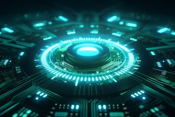 Futuristic technology circuit boards with glowing neon lights and intricate designs.