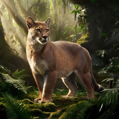 Obraz premium A mountain lion is among the plants in the forest.