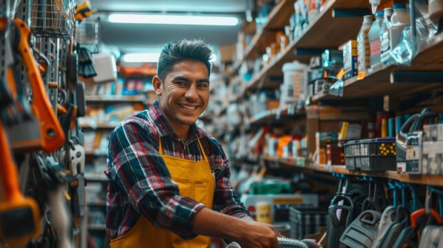 A cheerful young man in a bright apron organizes tools while surrounded by an array of supplies in a bustling hardware shop