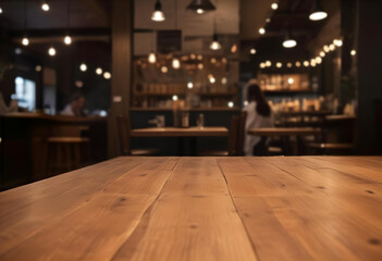 Lofty chill restaurant with wooden table and Depth of field , blurred background	
