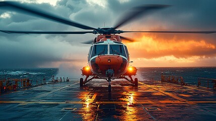 Helicopter Landing on Oil Rig: A helicopter touching down on an oil rig s helipad, with blades whirling and the ocean far below.