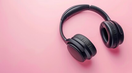 Black Bluetooth headphones close up on a pink, isolated backdrop, Generative AI.