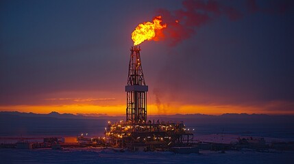 Fototapeta premium Oil Rig with Explosive Gas Flare: An oil rig with a gas flare burning brightly, casting a warm glow against the darkening sky.