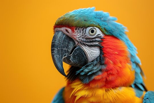 Funny commercial photo of a parrot with bright makeup on a plain yellow background