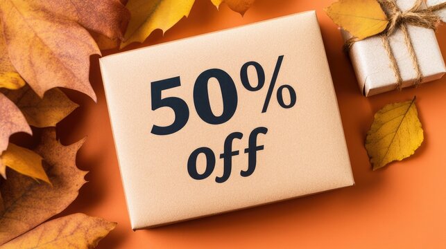 Autumn sale background featuring falling leaves and gift boxes with a bold 50% off text on a vibrant orange backdrop