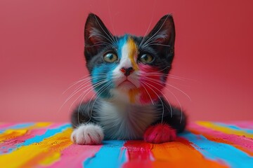 High-quality commercial photo of a cat with hilarious makeup on a plain pink background