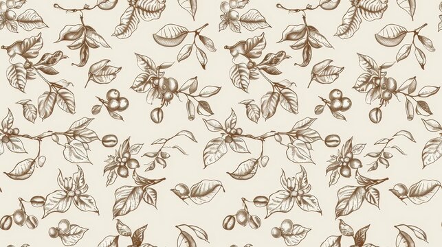 Hand-drawn botanical seamless pattern with coffee plants and leaves in sepia on a beige background. Ideal for natural and vintage designs.