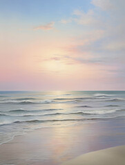 A Serene Dawn Over the Tranquil Sea, Capturing the Subtle Beauty of the Soft Pastel Sky Reflecting on the Gentle Waves