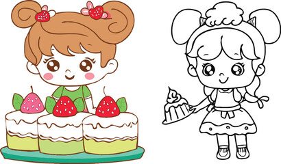 coloring page simple drawing of cartoon character in the cake shop, coloring book 