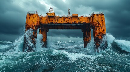 Oil Rig with Churning Seas: A powerful scene of an oil rig enduring turbulent, churning seas, with waves splashing against its pillars.