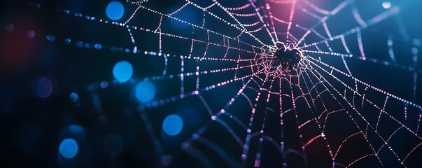 Obraz premium Close-up of a spider web illuminated by colorful light, showcasing intricate patterns and texture in a dark, moody environment.