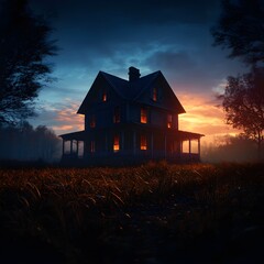 Eerie mansion illuminated at dusk, surrounded by fog and tall grass, creating a haunting and mysterious atmosphere.