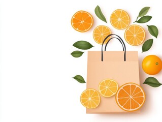 Closeup of citrus fruits, eco-friendly paper bag packaging, flat design illustration
