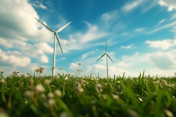 Scenic view of wind turbines against a blue sky, surrounded by lush green grass and blooming flowers, symbolizing renewable energy.