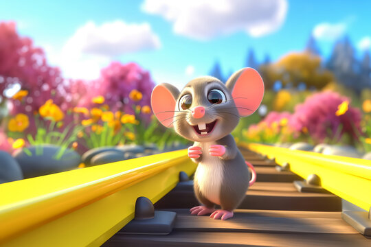 Adorable cartoon mouse on railway track among flowers. Illustration for kids book