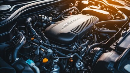 Mechanical Heartbeat - A Top View Close-up of a Car's Engine Under the Hood.