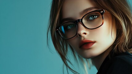Fototapeta premium Close up portrait of a woman wearing glasses, looking away, with soft lighting on a blue background.