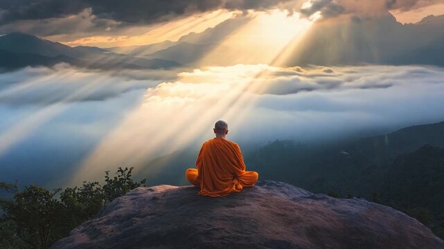 A monk in traditional attire sits cross-legged on a rocky outcrop, meditating as sunlight breaks through clouds over the distant mountains.
