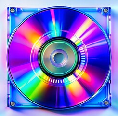 Shiny Compact Disc Reflecting Multicolored Lights in Jewel Case. Dynamic Rainbow Spectrum on Silver Surface with Visible Hinges and Latches. Vibrant Play of Light and Colors