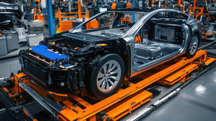Fototapeta premium Electric vehicle batteries being assembled and tested for efficiency