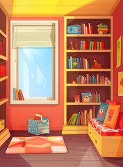 Cartoon Interior Design Of Kids Room With Bookshelf And Window