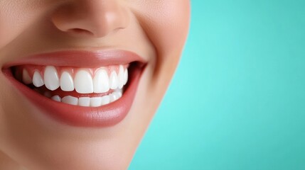 Close-up of a woman smiling, showing perfect white teeth with pink lips.