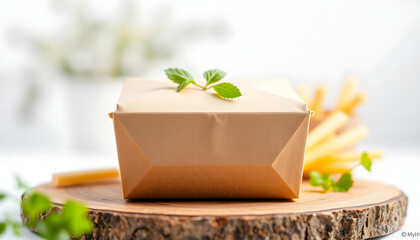 Craft brown burger eco box isolated on white background. Eco-friendly food packaging. Full Depth of field. Focus stacking. Png isolated with white highlights, png