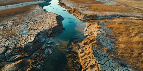 Naklejka premium Aerial perspective Tiny water stream in the midst of a dried up lake bed The otherworldly terrain of the lake floor