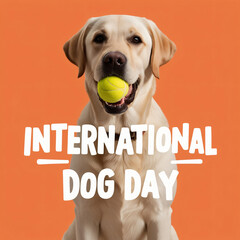 Labrador Retriever with Ball and 'International Dog Day' Bold Chunky Typography, generative ai
