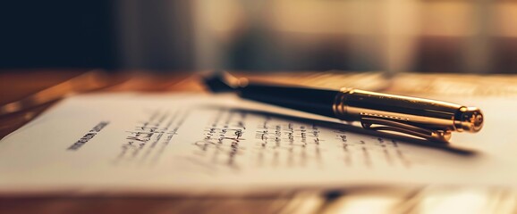 Fototapeta premium A gold pen resting on a document with handwritten text.