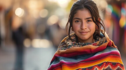 Fototapeta premium A young woman is captured in vibrant traditional clothing, smiling and standing in an outdoor public area bustling with activity.