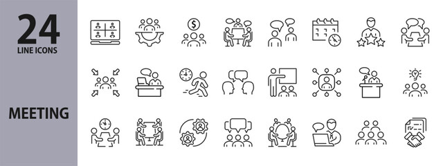 Meeting line icons set with Presentation, Seminar, Idea, Work, Time, and more. Editable Stroke