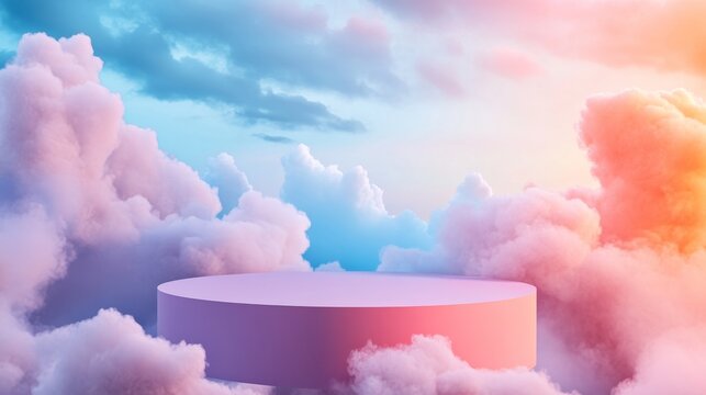 Podium floating in a surreal sky with colorful clouds