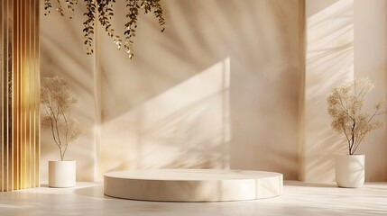 Background product for pedestal three dimensional studio marketing background in beige and gold aesthetic platform nature