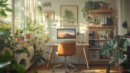A high-resolution photo showcasing a cozy home office corner with a desk, computer, and comfortable chair. The workspace is adorned with personal touches like plants and art pieces, set against a