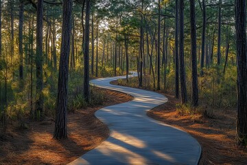 Obraz premium Bicycle path winding through a pine forest, inviting and serene