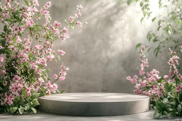 Circular podium with floral arrangements, spring and renewal concept