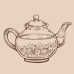 Teapot of tea with rose. Hand drawn vector illustration in outline style.